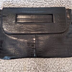 Crocodile Black Vegan Leather Clutch Laptop Crossbody Bag Detachable Strap